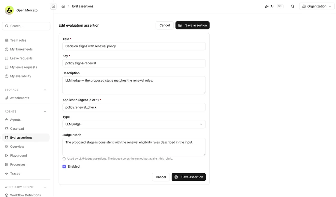 The edit form for an LLM-judge eval assertion