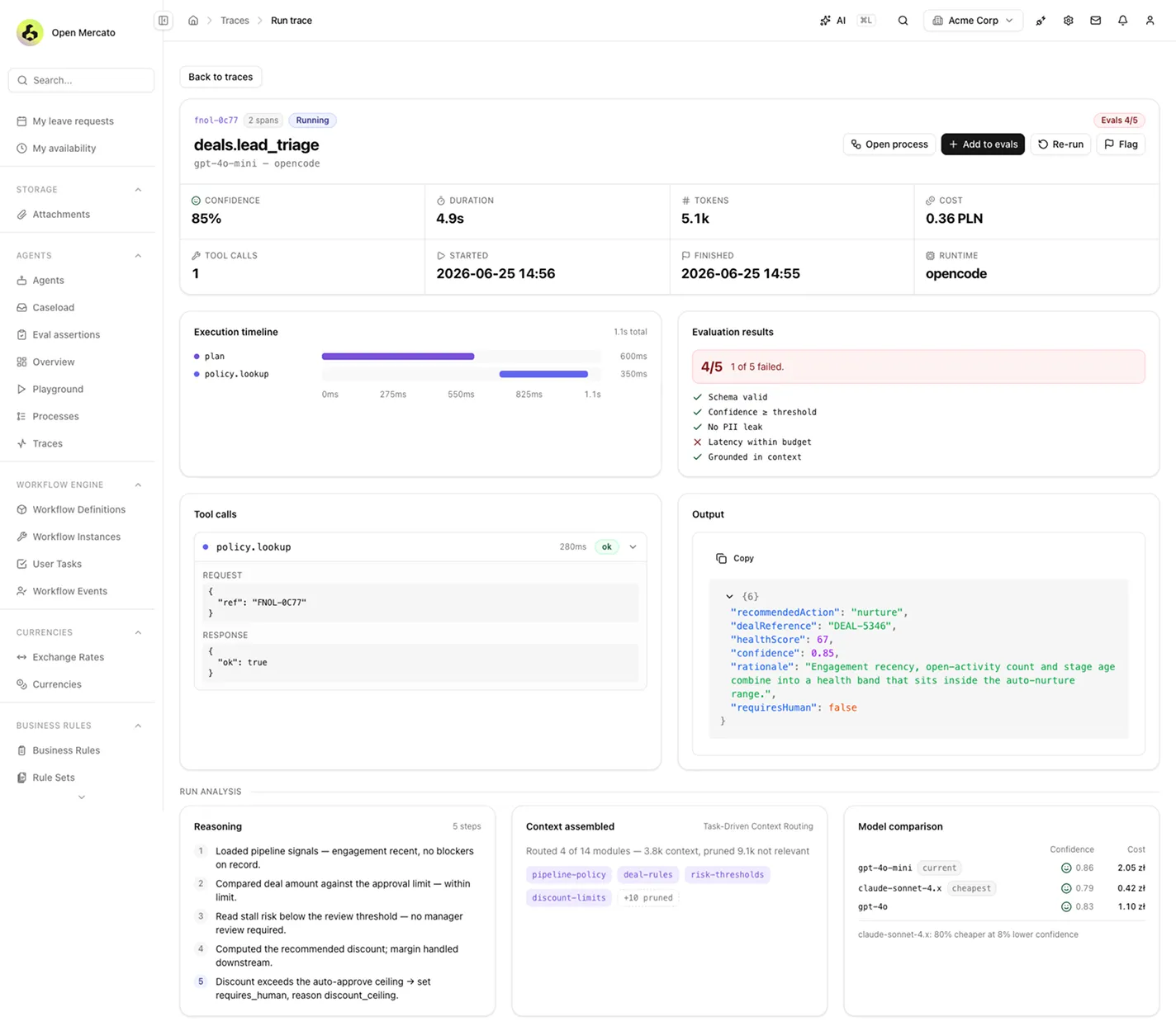 One run in Traces: confidence, duration, tokens, cost and runtime above an execution timeline, evaluation results, tool