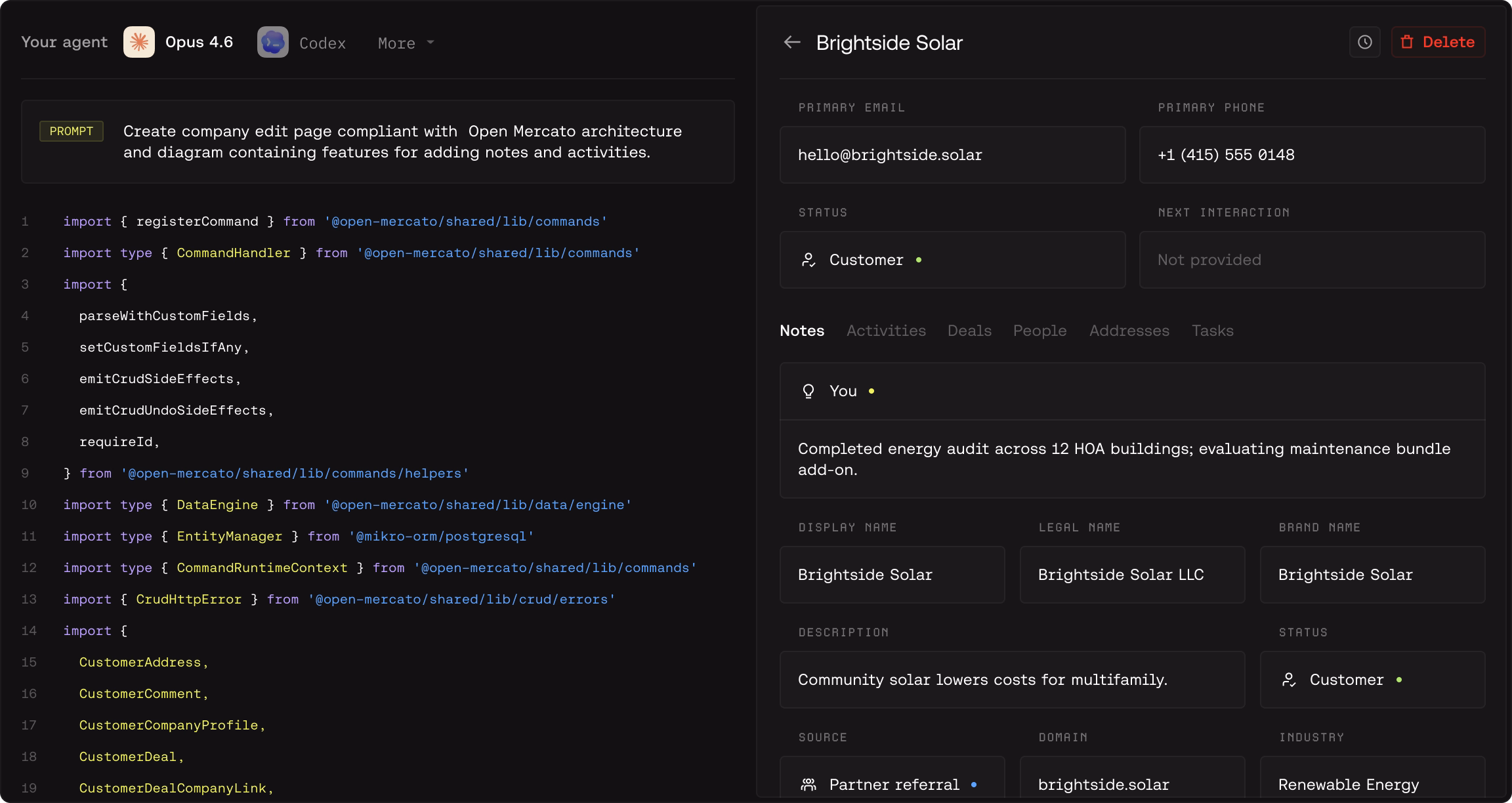 Split screen showing code editor with JavaScript imports and a company edit page for Brightside Solar including contacts, status, notes, and company details.