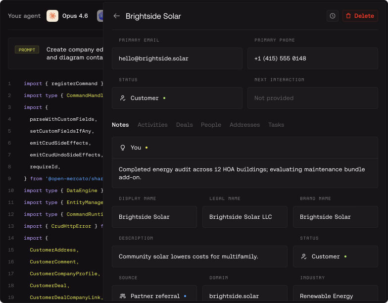 User interface showing details for Brightside Solar including email, phone, status as customer, notes, company details, source, domain, and industry.